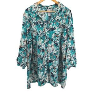 Catherines Plus Size 3X 26/28W Teal Floral Button Front‎ Top Roll Tab Sleeves